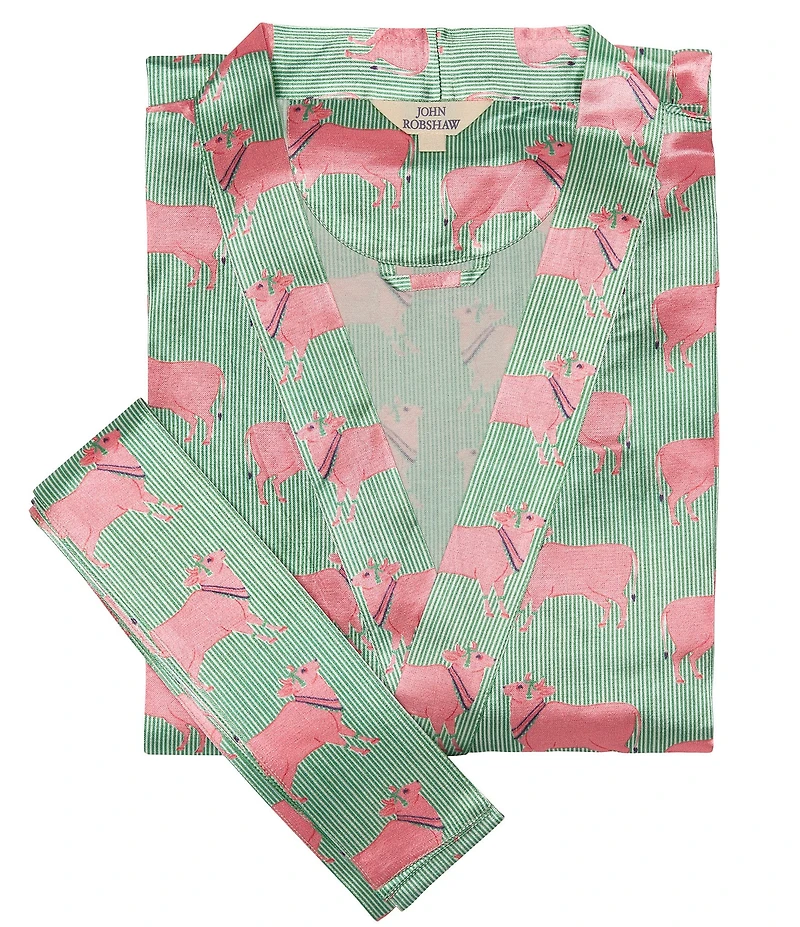 John Robshaw Neil Embroidered Pink Cow Wrap Robe