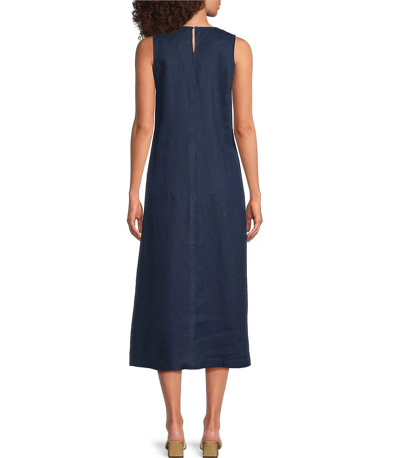 JOHNNY WAS Adina Floral Embroidered Linen V-Neck Sleeveless A-Line Midi Dress