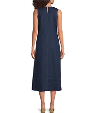 JOHNNY WAS Adina Floral Embroidered Linen V-Neck Sleeveless A-Line Midi Dress