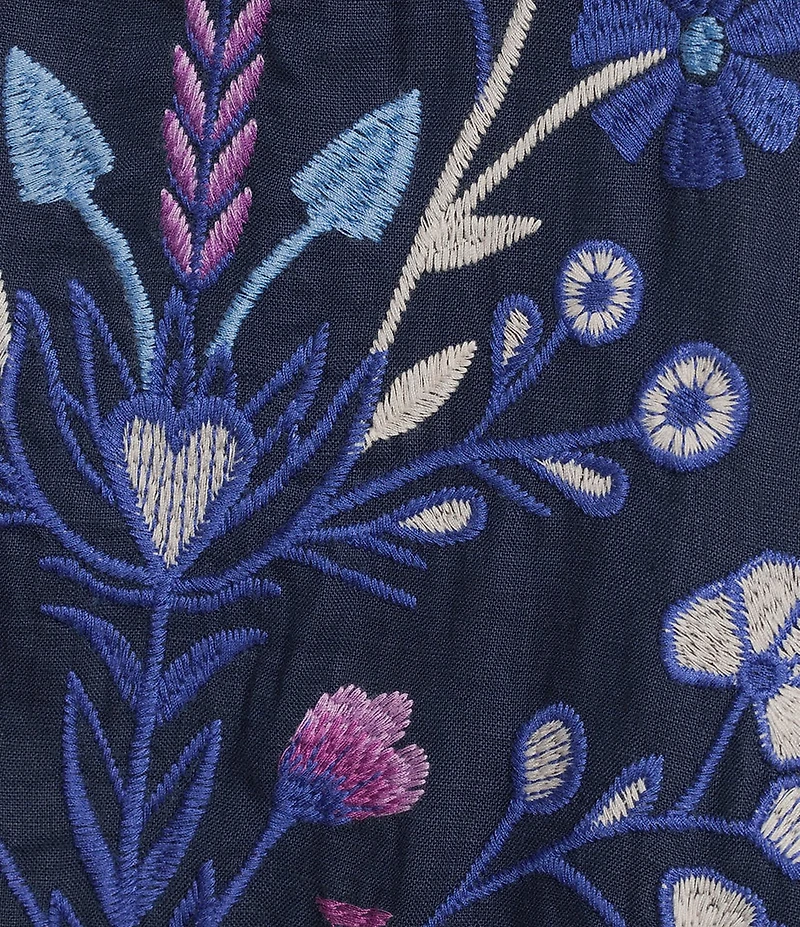 JOHNNY WAS Adina Floral Embroidered Linen V-Neck Sleeveless A-Line Midi Dress