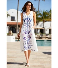 JOHNNY WAS Adina Floral Embroidered Linen V-Neck Sleeveless A-Line Midi Dress