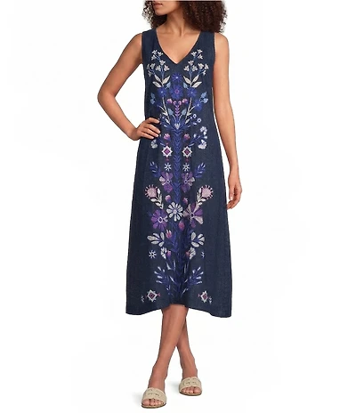 JOHNNY WAS Adina Floral Embroidered Linen V-Neck Sleeveless A-Line Midi Dress