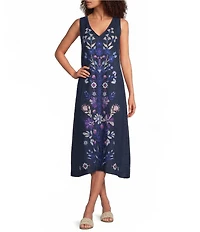 JOHNNY WAS Adina Floral Embroidered Linen V-Neck Sleeveless A-Line Midi Dress