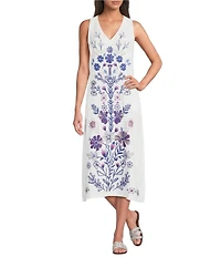 JOHNNY WAS Adina Floral Embroidered Linen V-Neck Sleeveless A-Line Midi Dress