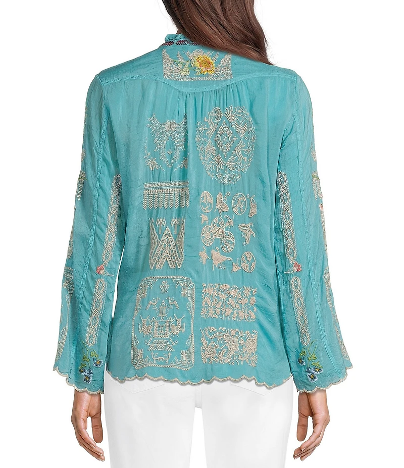JOHNNY WAS Allbee Embroidered Floral Geometric Print Ruffle Banded Collar Long Sleeve Button Front Scallop Hem Blouse