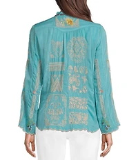 JOHNNY WAS Allbee Embroidered Floral Geometric Print Ruffle Banded Collar Long Sleeve Button Front Scallop Hem Blouse