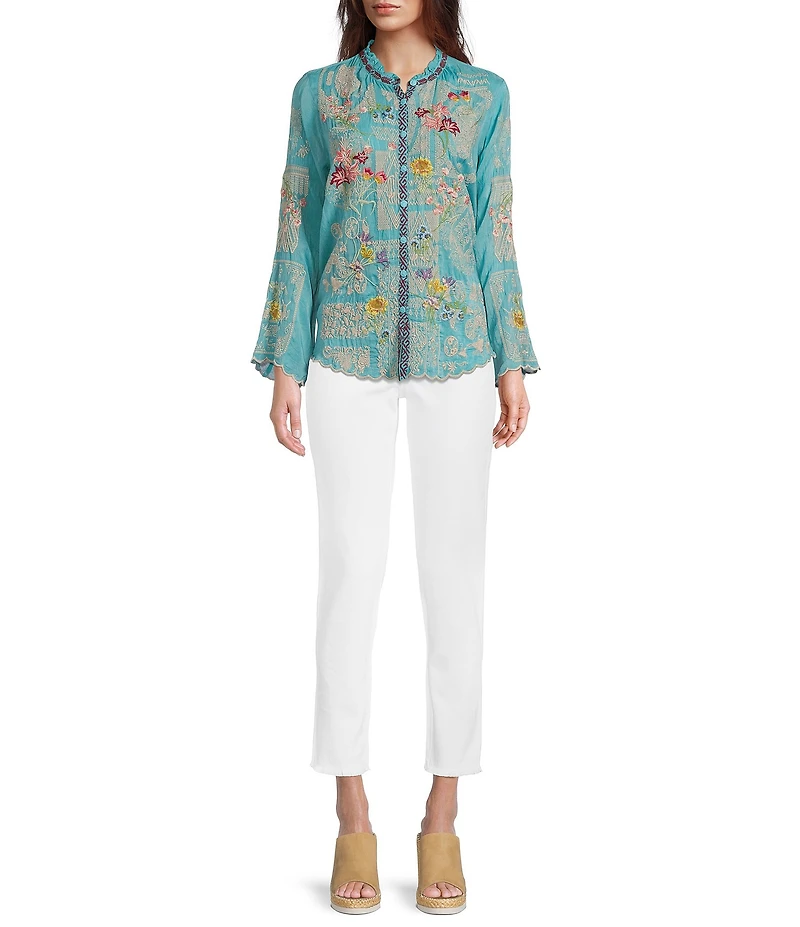 JOHNNY WAS Allbee Embroidered Floral Geometric Print Ruffle Banded Collar Long Sleeve Button Front Scallop Hem Blouse
