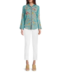 JOHNNY WAS Allbee Embroidered Floral Geometric Print Ruffle Banded Collar Long Sleeve Button Front Scallop Hem Blouse