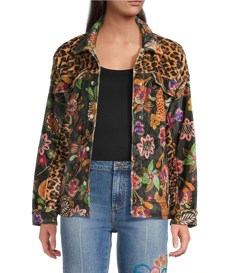 JOHNNY WAS Amelie Floral & Animal Print Sherpa Trucker Jacket