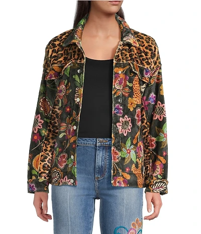 JOHNNY WAS Amelie Floral & Animal Print Sherpa Trucker Jacket