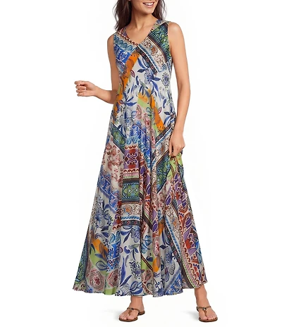 JOHNNY WAS Armeria Scarf Print V-Neck Sleeveless Bias Cut A-Line Dress