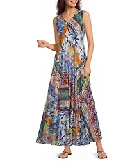 JOHNNY WAS Armeria Scarf Print V-Neck Sleeveless Bias Cut A-Line Dress