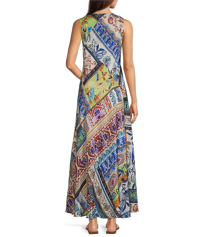 JOHNNY WAS Armeria Scarf Print V-Neck Sleeveless Bias Cut A-Line Dress