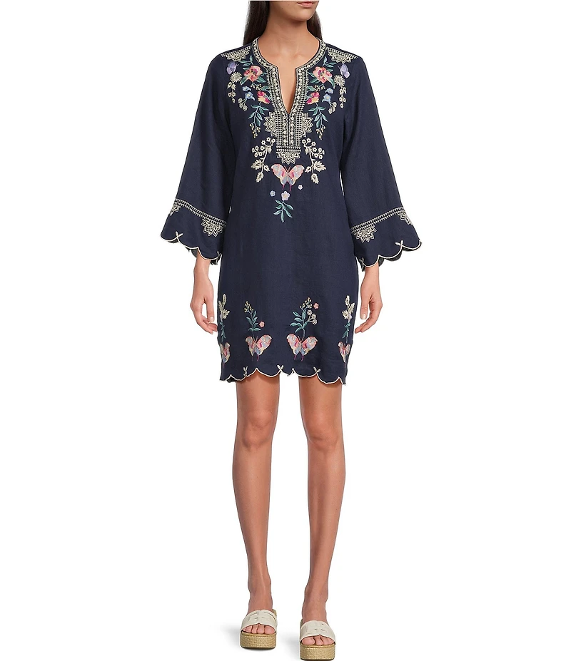 JOHNNY WAS Arva Floral Embroidered Linen Split V-Neck 3/4 Sleeve Scallop Edge Shift Dress