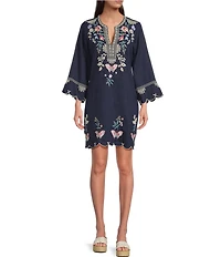 JOHNNY WAS Arva Floral Embroidered Linen Split V-Neck 3/4 Sleeve Scallop Edge Shift Dress
