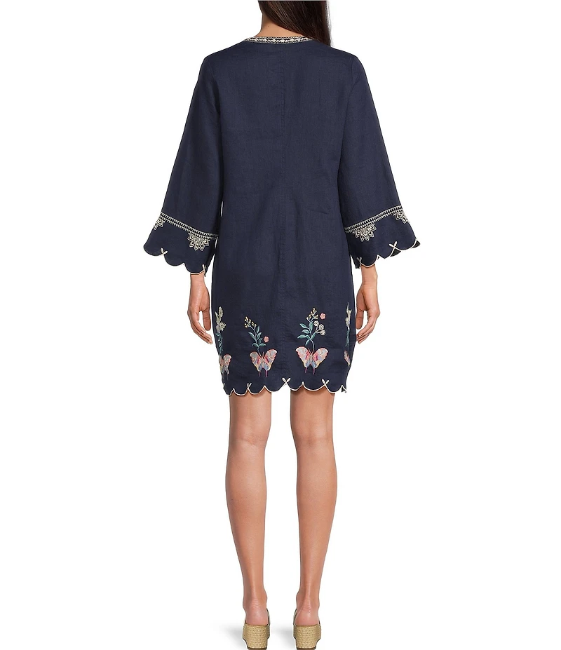 JOHNNY WAS Arva Floral Embroidered Linen Split V-Neck 3/4 Sleeve Scallop Edge Shift Dress