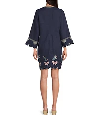JOHNNY WAS Arva Floral Embroidered Linen Split V-Neck 3/4 Sleeve Scallop Edge Shift Dress