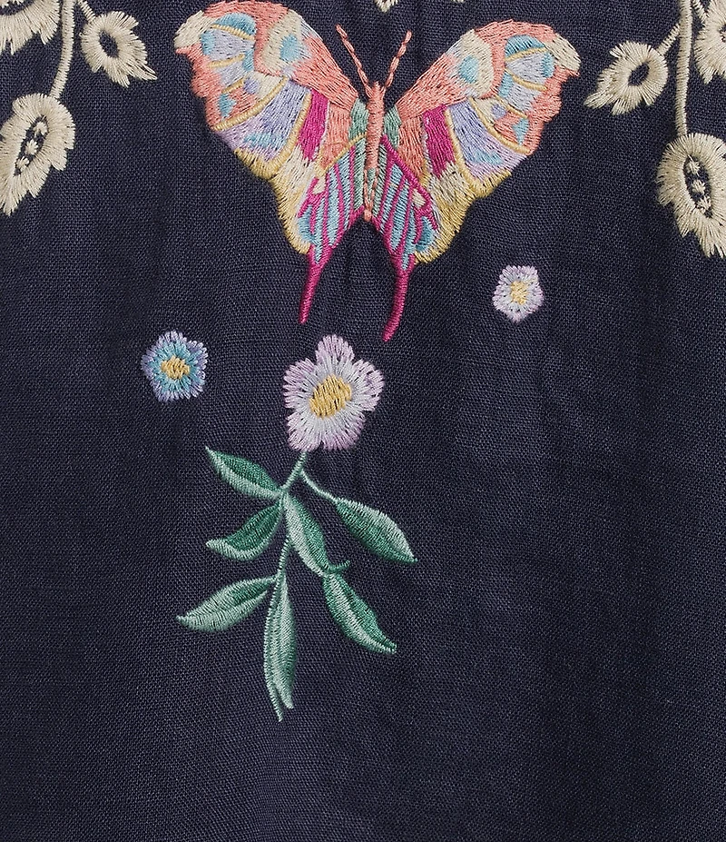 JOHNNY WAS Arva Floral Embroidered Linen Split V-Neck 3/4 Sleeve Scallop Edge Shift Dress