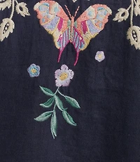 JOHNNY WAS Arva Floral Embroidered Linen Split V-Neck 3/4 Sleeve Scallop Edge Shift Dress