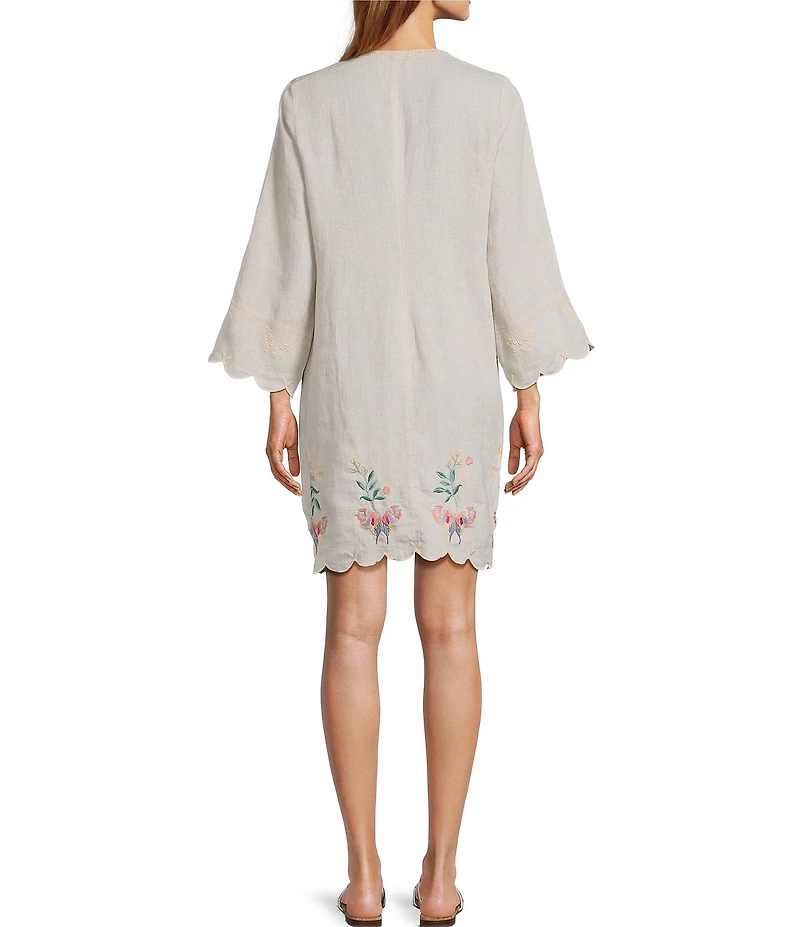 JOHNNY WAS Arva Floral Embroidered Linen Split V-Neck 3/4 Sleeve Scallop Edge Shift Dress
