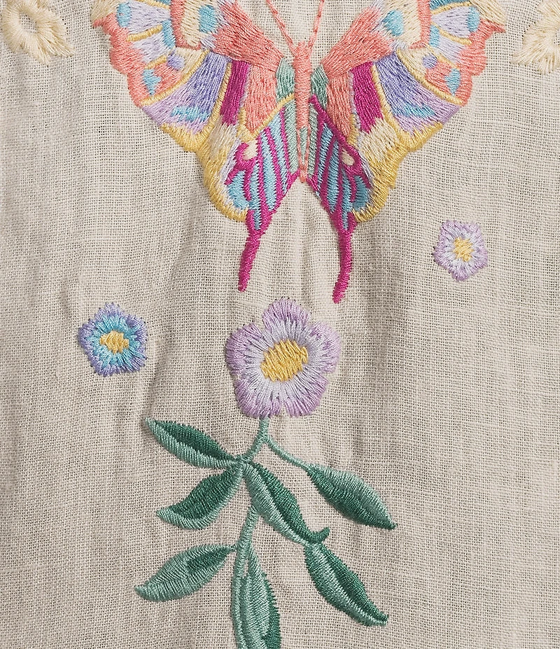 JOHNNY WAS Arva Floral Embroidered Linen Split V-Neck 3/4 Sleeve Scallop Edge Shift Dress