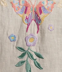 JOHNNY WAS Arva Floral Embroidered Linen Split V-Neck 3/4 Sleeve Scallop Edge Shift Dress