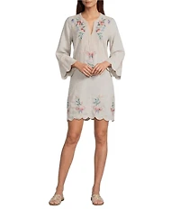 JOHNNY WAS Arva Floral Embroidered Linen Split V-Neck 3/4 Sleeve Scallop Edge Shift Dress