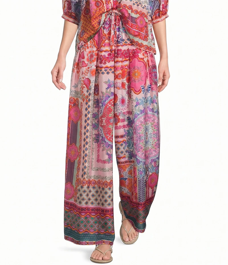 JOHNNY WAS Arya Tami Patchwork Floral Scarf Print Silk Wide-Leg Pants