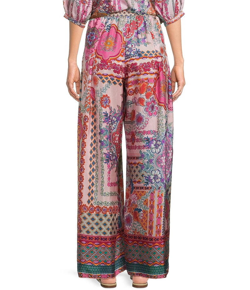 JOHNNY WAS Arya Tami Patchwork Floral Scarf Print Silk Wide-Leg Pants