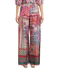 JOHNNY WAS Arya Tami Patchwork Floral Scarf Print Silk Wide-Leg Pants