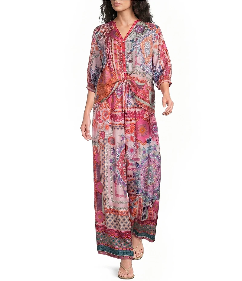 JOHNNY WAS Arya Tami Patchwork Floral Scarf Print Silk Wide-Leg Pants