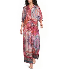 JOHNNY WAS Arya Tami Patchwork Floral Scarf Print Silk Wide-Leg Pants