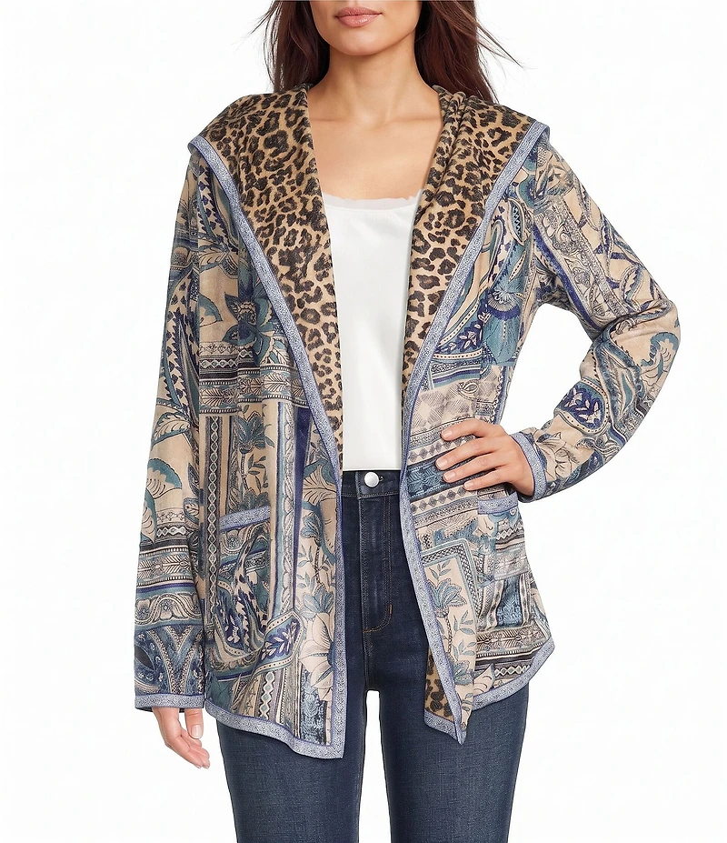 JOHNNY WAS Athene Joan Sherpa Knit Reversible Bold Print Open-Front Hooded Jacket