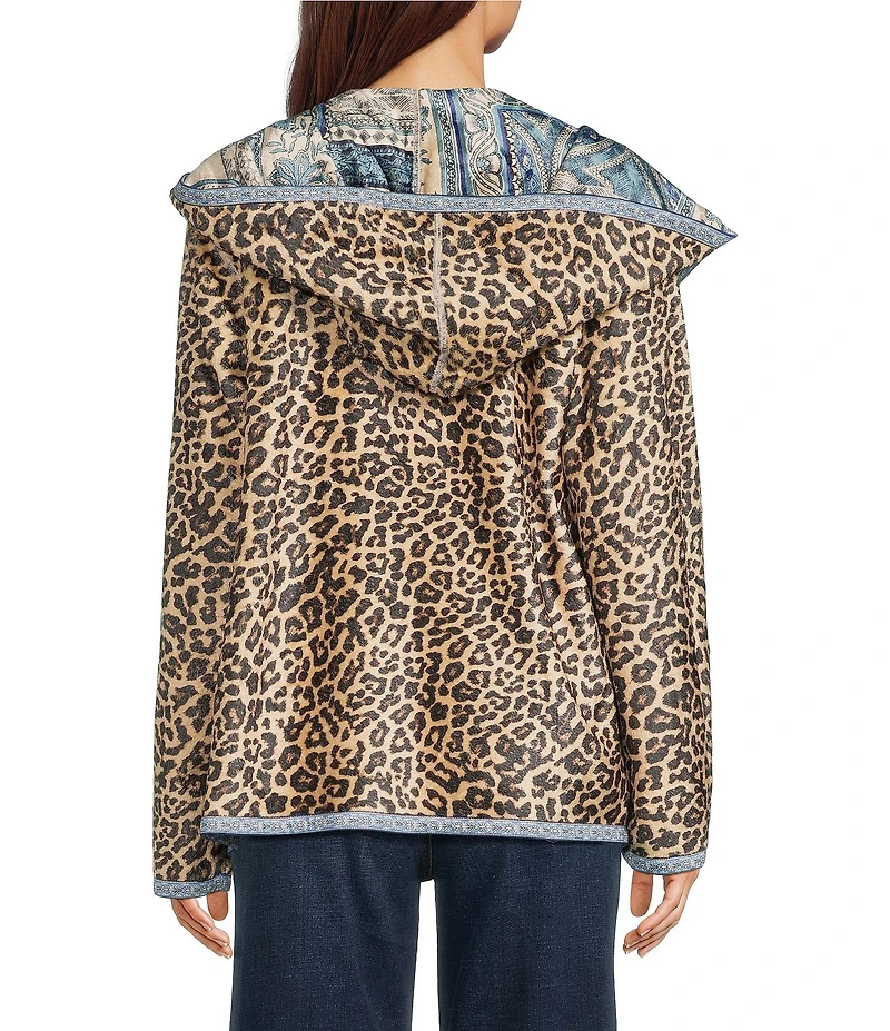 JOHNNY WAS Athene Joan Sherpa Knit Reversible Bold Print Open-Front Hooded Jacket