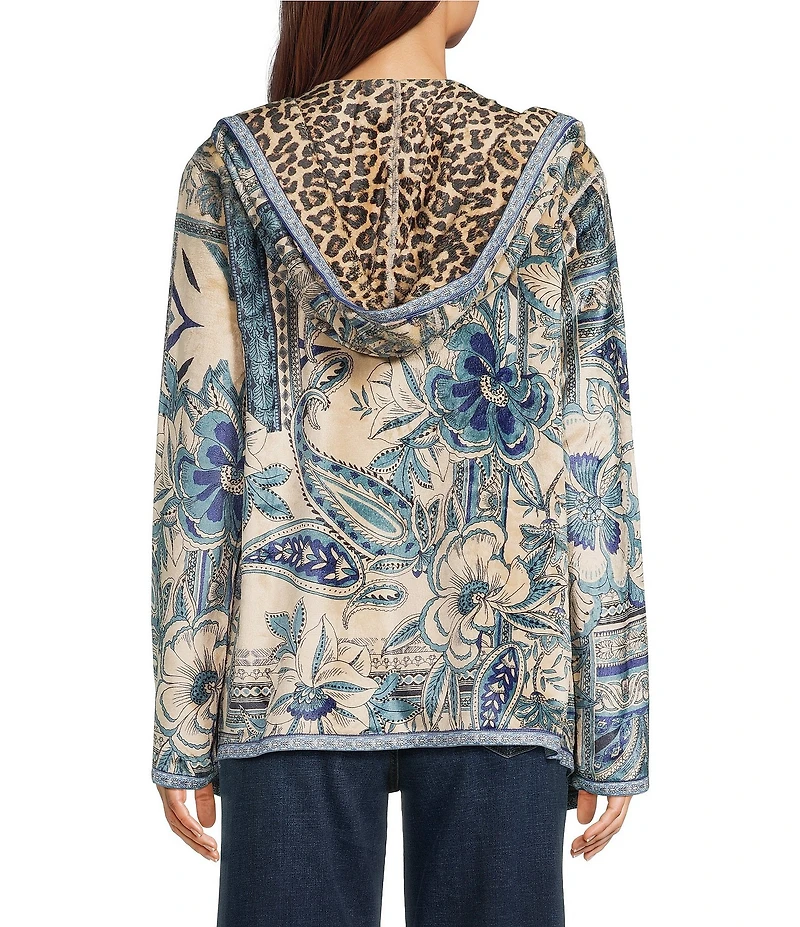 JOHNNY WAS Athene Joan Sherpa Knit Reversible Bold Print Open-Front Hooded Jacket