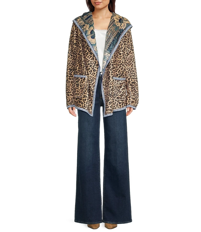 JOHNNY WAS Athene Joan Sherpa Knit Reversible Bold Print Open-Front Hooded Jacket