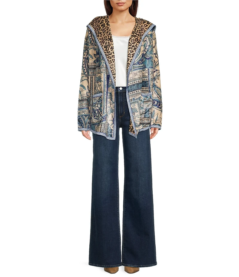JOHNNY WAS Athene Joan Sherpa Knit Reversible Bold Print Open-Front Hooded Jacket