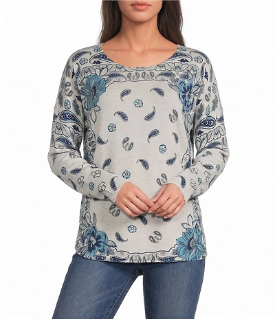 JOHNNY WAS Athene Wool & Cashmere Blend Paisley Floral Scarf Print Crew Neck Long Sleeve Sweater