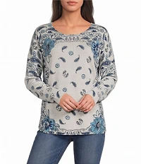 JOHNNY WAS Athene Wool & Cashmere Blend Paisley Floral Scarf Print Crew Neck Long Sleeve Sweater