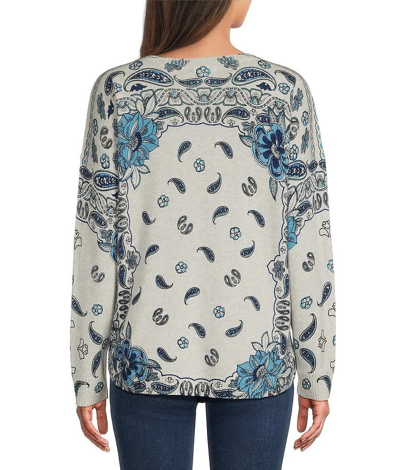 JOHNNY WAS Athene Wool & Cashmere Blend Paisley Floral Scarf Print Crew Neck Long Sleeve Sweater