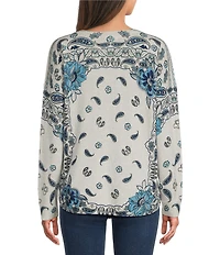 JOHNNY WAS Athene Wool & Cashmere Blend Paisley Floral Scarf Print Crew Neck Long Sleeve Sweater