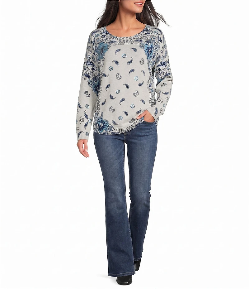 JOHNNY WAS Athene Wool & Cashmere Blend Paisley Floral Scarf Print Crew Neck Long Sleeve Sweater