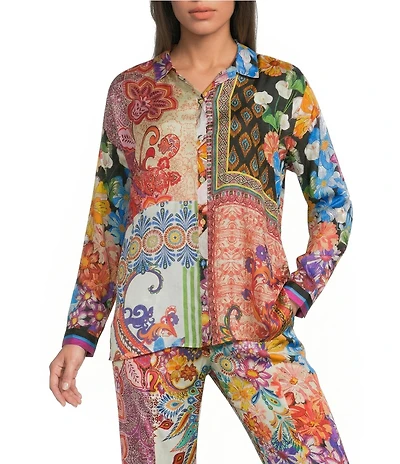 JOHNNY WAS Audrey Coordinating Magnolia Patchwork Print Classic Collar Long Sleeve Shirt