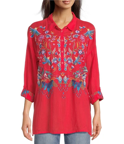 JOHNNY WAS Audrey Embroidered Placement Floral Point Collar Roll-Tab Long Sleeve Five-Button Half-Placket Tunic