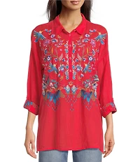 JOHNNY WAS Audrey Embroidered Placement Floral Point Collar Roll-Tab Long Sleeve Five-Button Half-Placket Tunic