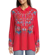 JOHNNY WAS Audrey Embroidered Placement Floral Point Collar Roll-Tab Long Sleeve Five-Button Half-Placket Tunic