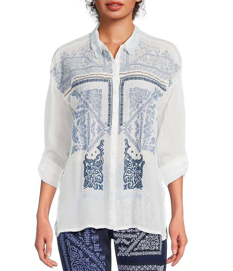 JOHNNY WAS Audrey Embroidered Point Collar Long Sleeve Shirt