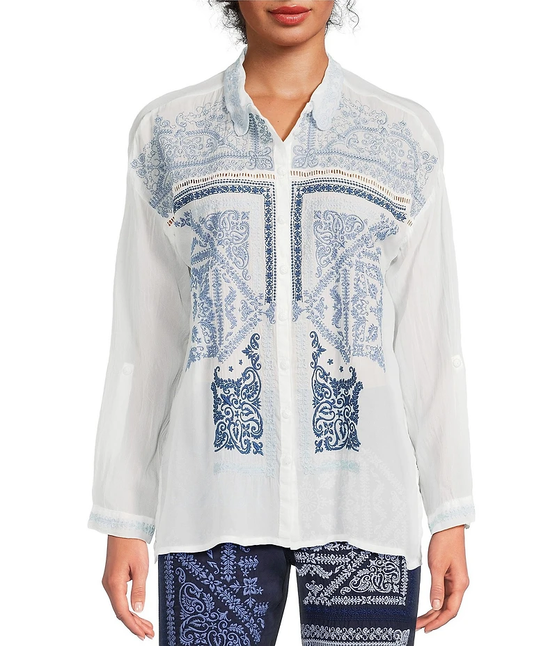 JOHNNY WAS Audrey Embroidered Point Collar Long Sleeve Shirt