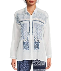 JOHNNY WAS Audrey Embroidered Point Collar Long Sleeve Shirt