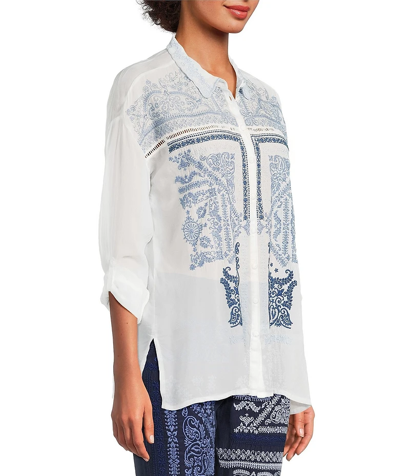 JOHNNY WAS Audrey Embroidered Point Collar Long Sleeve Shirt